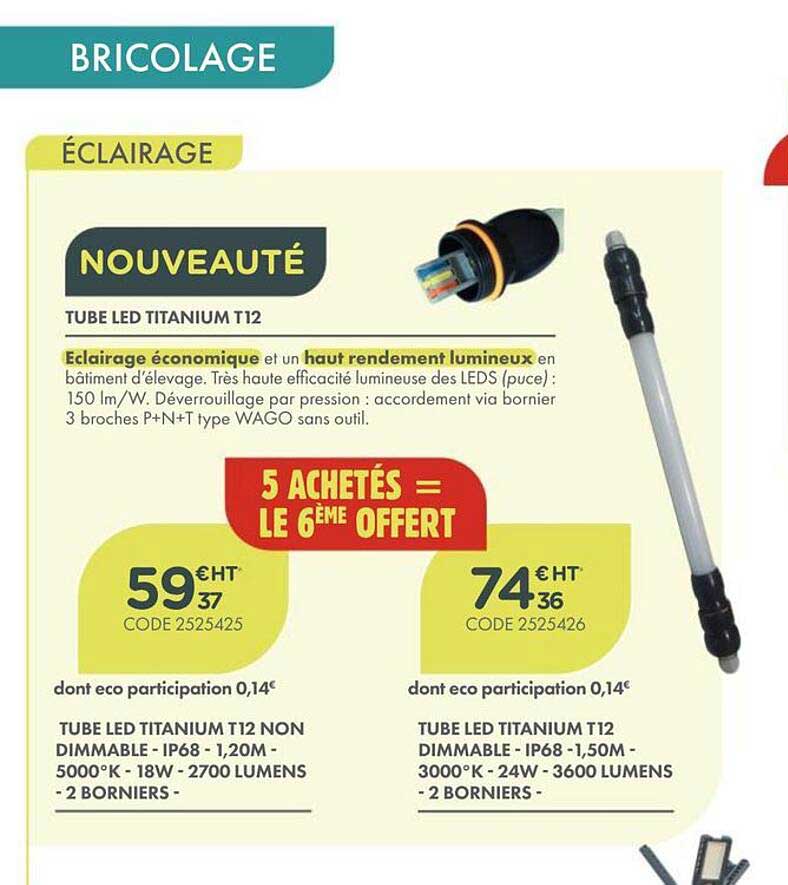 TUBE LED TITANIUM T12 NON DIMMABLE - IP68 - 1,20M - 5000°K - 18W - 2700 LUMENS - 2 BORNIERS -