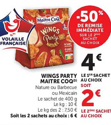 WINGS PARTY MAITRE COQ Nature ou Barbecue ou Mexicain