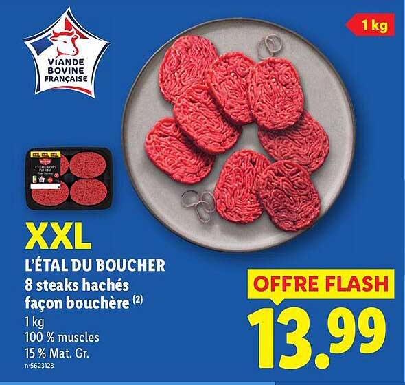 XXL L'ÉTAL DU BOUCHER 8 steaks hachés façon bouchère (2) 1 kg 100 % muscles 15 % Mat. Gr.