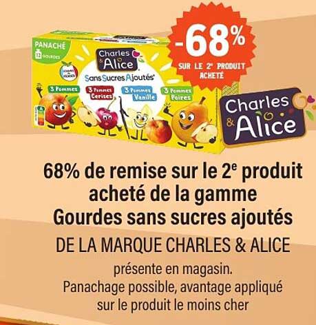 68% de remise sur le 2e produit acheté de la gamme Gourdes sans sucres ajoutés DE LA MARQUE CHARLES & ALICE