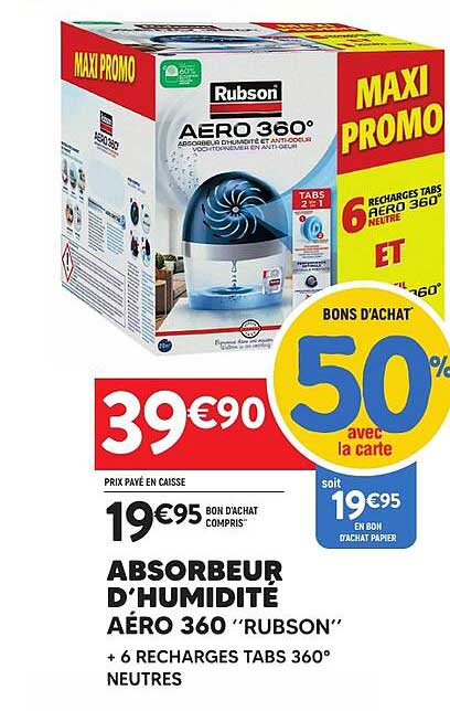 ABSORBEUR D’HUMIDITÉ AÉRO 360° "RUBSON" + 6 RECHARGES TABS 360° NEUTRES