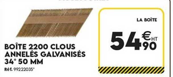 BOITE 2200 CLOUS ANNELES GALVANISES 34° 50 MM