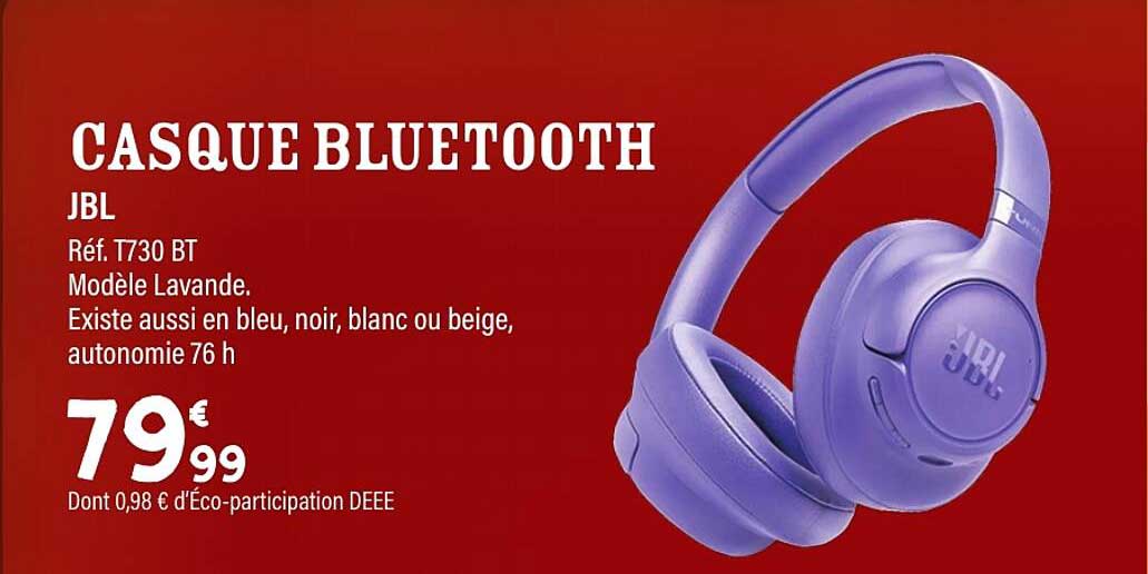 CASQUE BLUETOOTH JBL Réf. T730 BT Modèle Lavande. Existe aussi en bleu, noir, blanc ou beige, autonomie 76 h