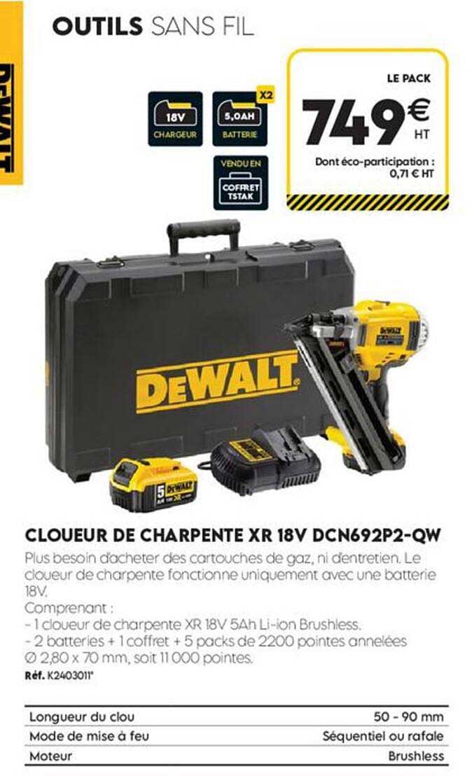 CLOUEUR DE CHARPENTE XR 18V DCN692P2-QW