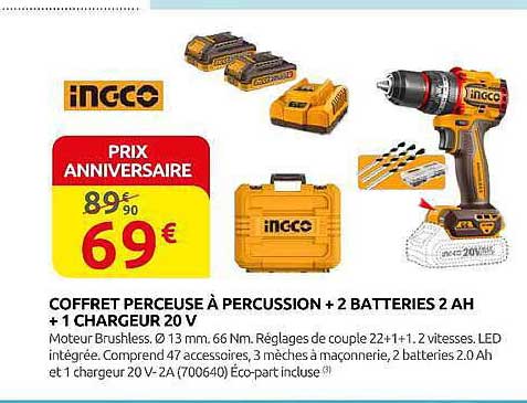 COFFRET PERCEUSE À PERCUSSION + 2 BATTERIES 2 AH + 1 CHARGEUR 20 V