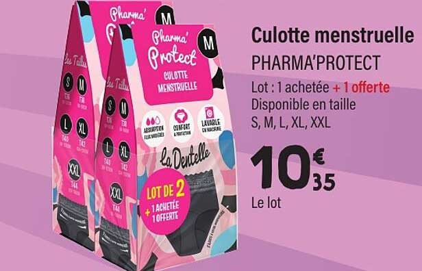 Culotte menstruelle PHARMA’PROTECT Lot : 1 achetée + 1 offerte Disponible en taille S, M, L, XL, XXL