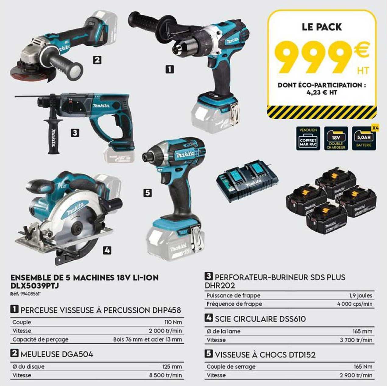 ENSEMBLE DE 5 MACHINES 18V LI-ION DLX5039PTJ