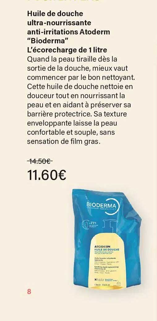 Huile de douche ultra-nourrissante anti-irritations Atoderm "Bioderma" L’écorecharge de 1 litre