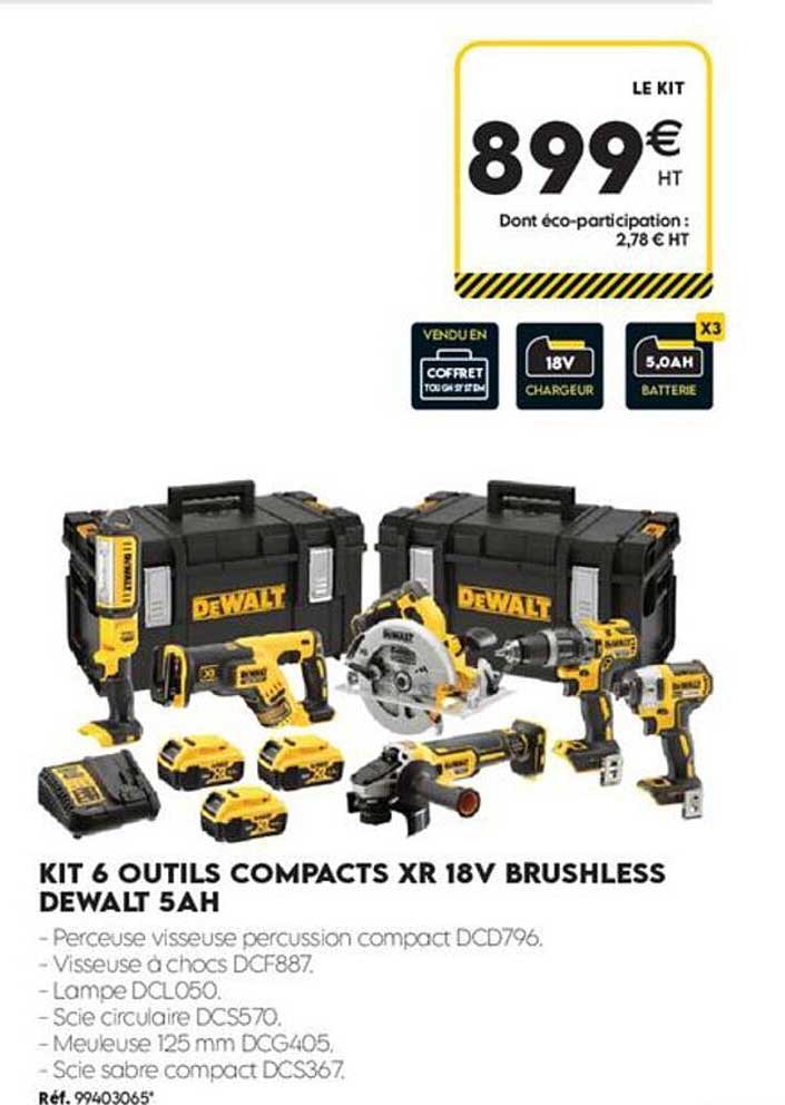 KIT 6 OUTILS COMPACTS XR 18V BRUSHLESS DEWALT 5AH