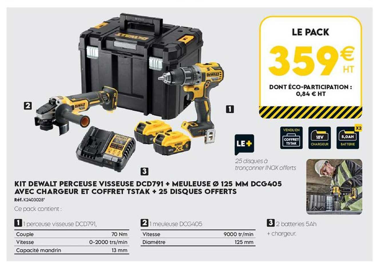 KIT DEWALT PERCEUSE VISSEUSE DCD791 + MEULEUSE Ø 125 MM DCG405 AVEC CHARGEUR ET COFFRET TSTAK + 25 DISQUES OFFERTS