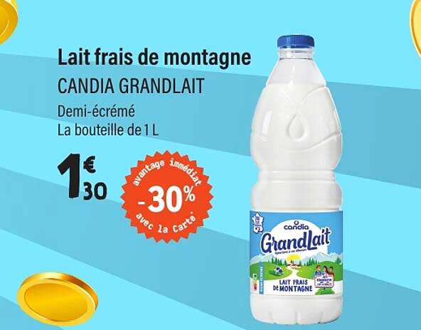 Lait frais de montagne CANDIA GRANDLAIT Demi-écrémé La bouteille de 1 L