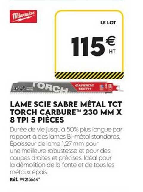 LAME SCIE SABRE MÉTAL TCT TORCH CARBURE™ 230 MM X 8 TPI 5 PIÈCES