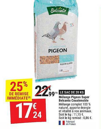 LE SAC DE 20 KG Mélange Pigeon Super Belcanto Costenoble