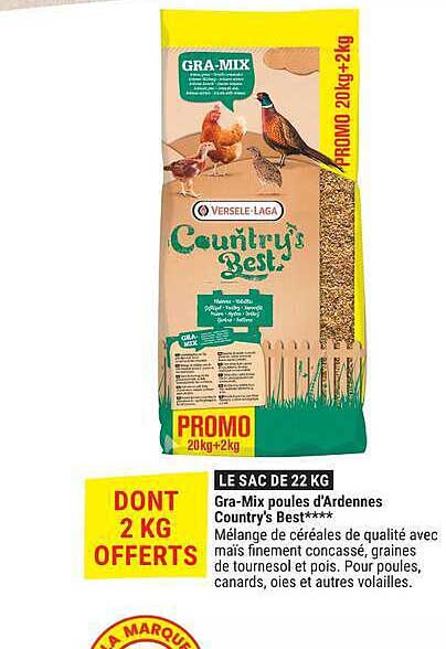 LE SAC DE 22 KG Gra-Mix poules d'Ardennes Country's Best**** Mélange de céréales de qualité avec mais finement concassé, graines de tournesol et pois. Pour poules, canards, oies et autres volailles.