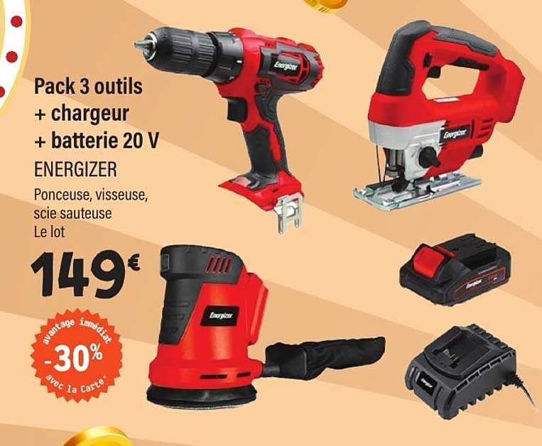 Pack 3 outils + chargeur + batterie 20 V ENERGIZER