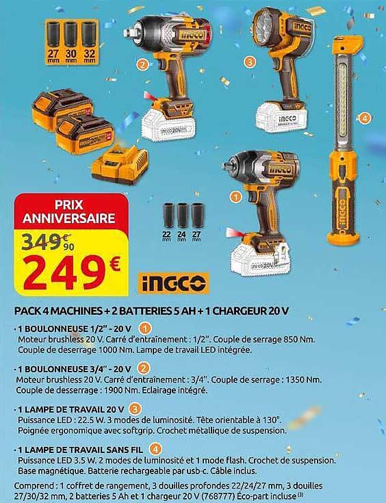 PACK 4 MACHINES + 2 BATTERIES 5 AH + 1 CHARGEUR 20 V