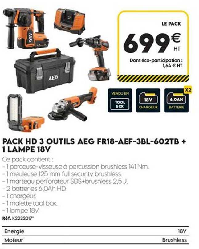 PACK HD 3 OUTILS AEG FR18-AEF-3BL-602TB + 1 LAMPE 18V