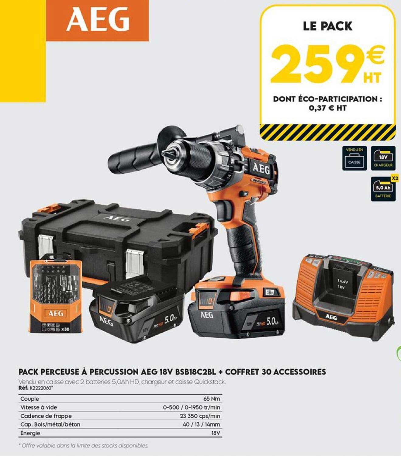 PACK PERCEUSE À PERCUSSION AEG 18V BSB18C2BL + COFFRET 30 ACCESSOIRES