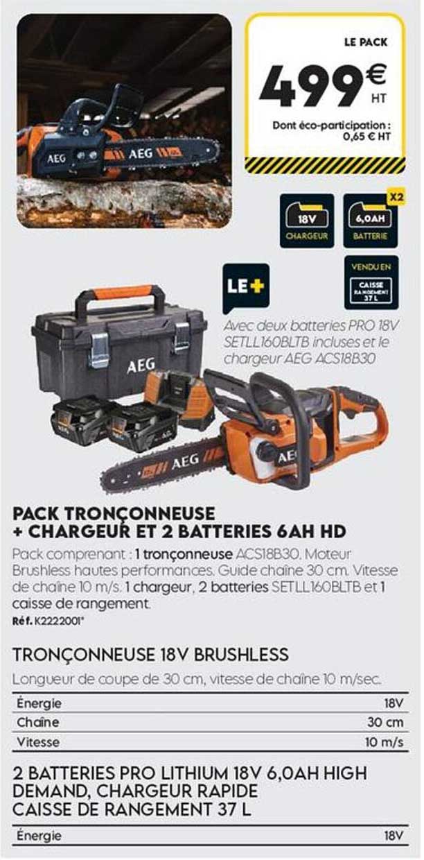 PACK TRONÇONNEUSE + CHARGEUR ET 2 BATTERIES 6AH HD