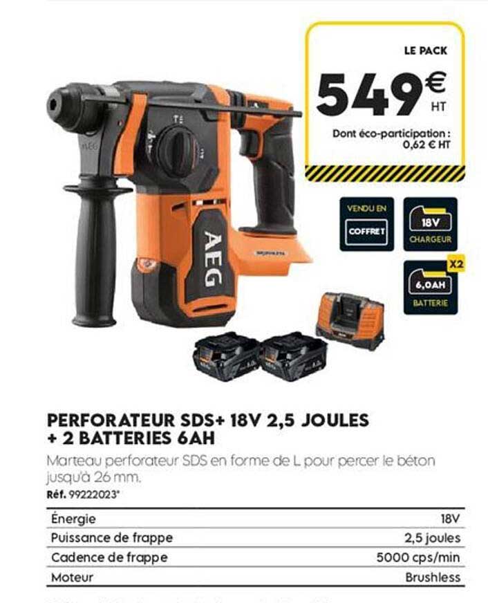PERFORATEUR SDS+ 18V 2,5 JOULES + 2 BATTERIES 6AH