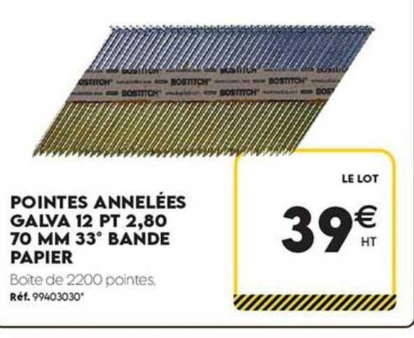 POINTES ANNELÉES GALVA 12 PT 2,80 70 MM 33° BANDE PAPIER