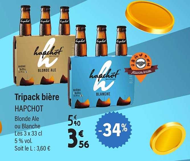Tripack bière HAPCHOT Blonde Ale ou Blanche Les 3 x 33 cl 5 % vol. Soit le L : 3,60 €