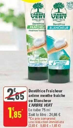 Dentifrice Fraîcheur arôme menthe fraîche ou Blancheur L'ARBRE VERT