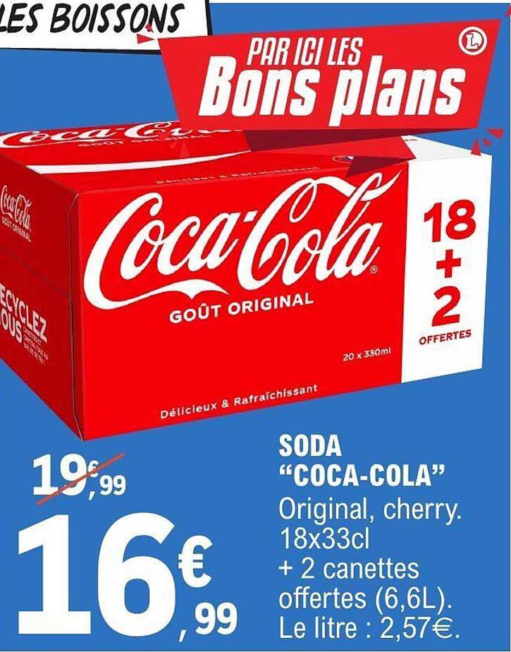 SODA "COCA-COLA" Original, cherry. 18x33cl + 2 canettes offertes (6,6L). Le litre : 2,57€.