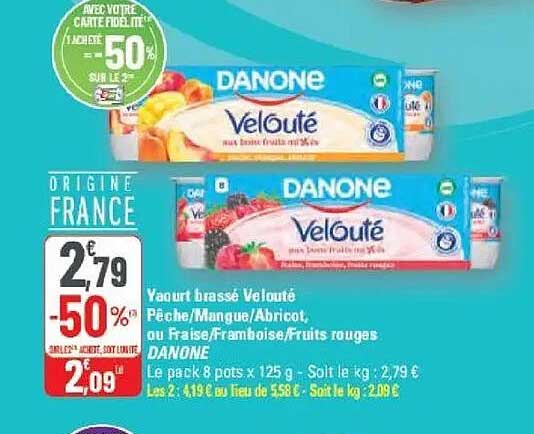 Yaourt brassé Velouté Pêche/Mangue/Abricot, ou Fraise/Framboise/Fruits rouges DANONE