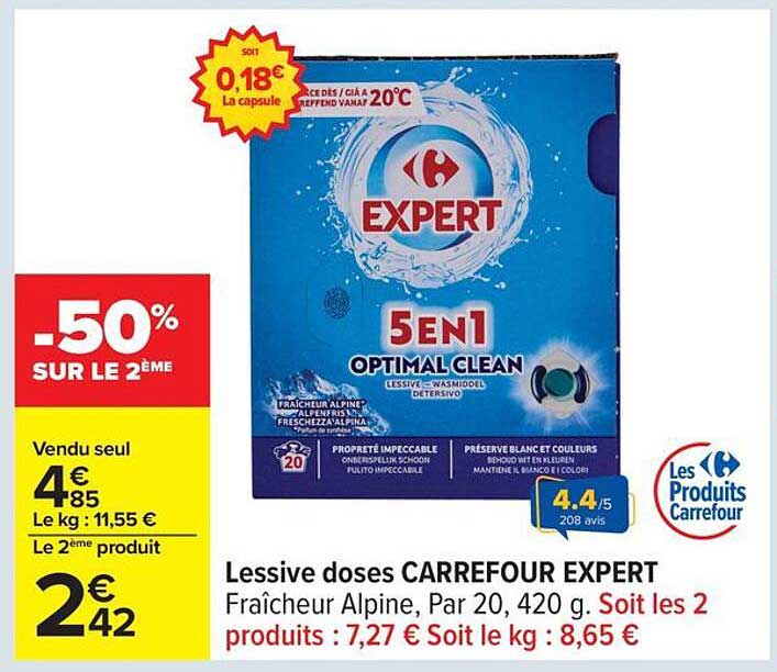 Lessive doses CARREFOUR EXPERT Fraîcheur Alpine, Par 20, 420 g.