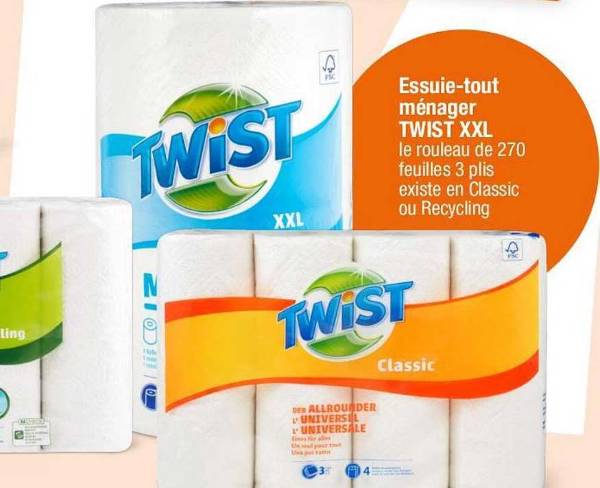 Essuie-tout ménager TWIST XXL le rouleau de 270 feuilles 3 plis existe en Classic ou Recycling