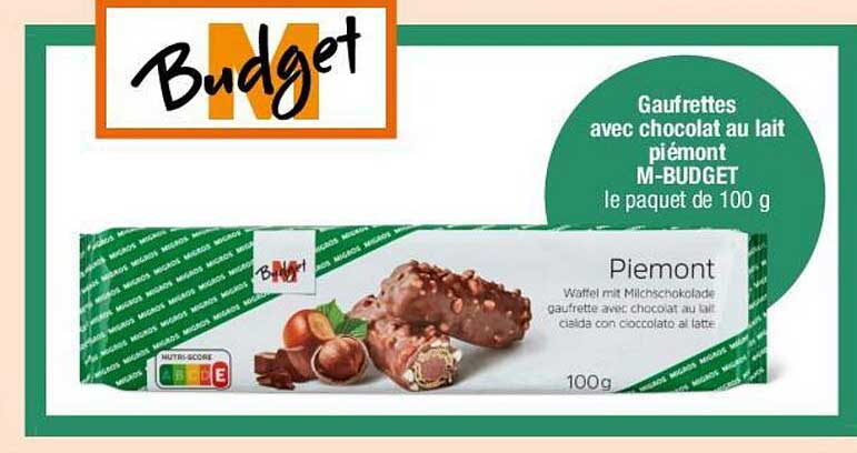 Gaufrettes avec chocolat au lait piémont M-BUDGET le paquet de 100 g
