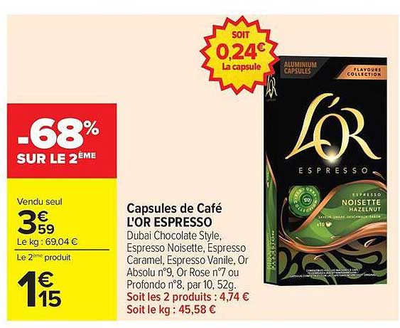 Capsules de Café L'OR ESPRESSO Dubai Chocolate Style, Espresso Noisette, Espresso Caramel, Espresso Vanille, Or Absolu n°9, Or Rose n°7 ou Intense n°8