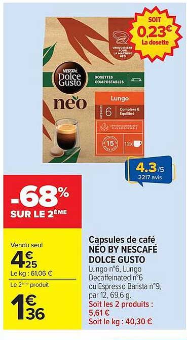 Capsules de café NÉO BY NESCAFÉ DOLCE GUSTO Lungo n°6, Lungo Decaffeinato n°6 ou Espresso Barista n°9, par 12