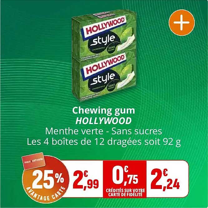 Chewing gum HOLLYWOOD Menthe verte - Sans sucres Les 4 boîtes de 12 dragées soit 92 g