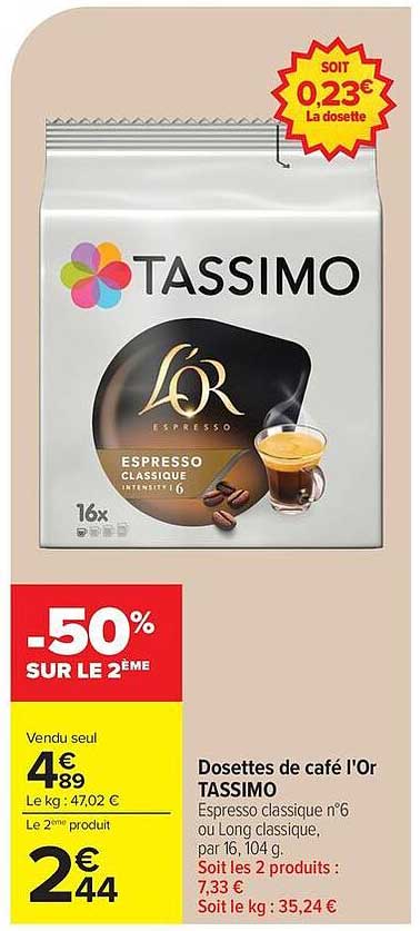 Dosettes de café l'Or TASSIMO Espresso classique n°6 ou Long classique, par 16, 104 g
