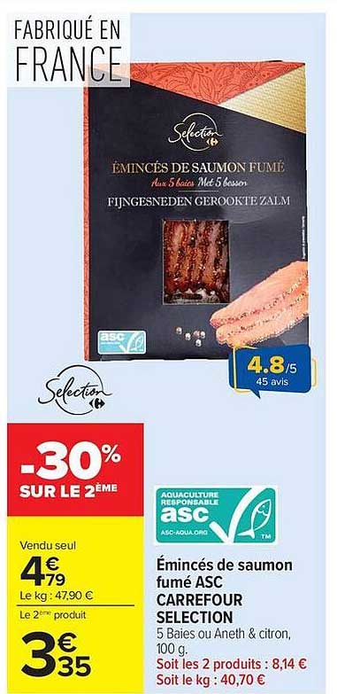Promo mincs De Saumon Fum Asc Carrefour Selection 5 Baies Ou Aneth Et  Citron chez Carrefour - 123Catalogue.fr