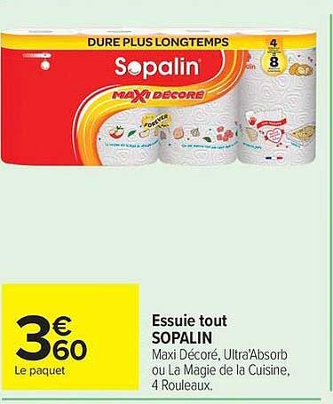 Essuie tout SOPALIN Maxi Décor, Ultra'Absorb ou La Magie de la Cuisine, 4 Rouleaux.