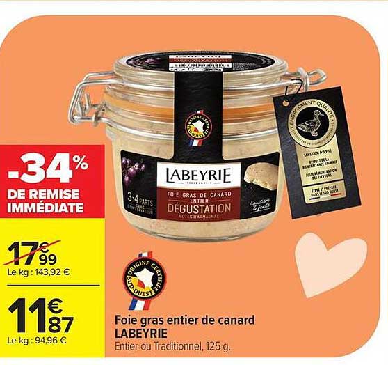 Foie gras entier de canard LABEYRIE Entier ou Traditionnel, 125 g.