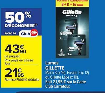 Lames GILLETTE Mach 3 (x16), Fusion 5 (x 12) ou Gillette Labs (x 10)