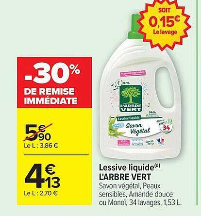 Lessive liquide L'ARBRE VERT Savon végétal, Peaux sensibles, Amande douce ou Monoi, 34 lavages, 1,53 L.