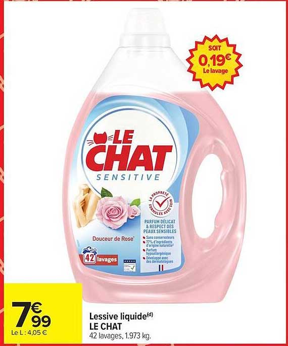 Lessive liquide(d) LE CHAT 42 lavages, 1,973 kg.