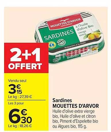 Sardines MOUETTES D'ARVOR Huile d'olive extra vierge bio, Huile d'olive et citron bio, Piment d'Espelette bio ou Algues bio, 115 g.