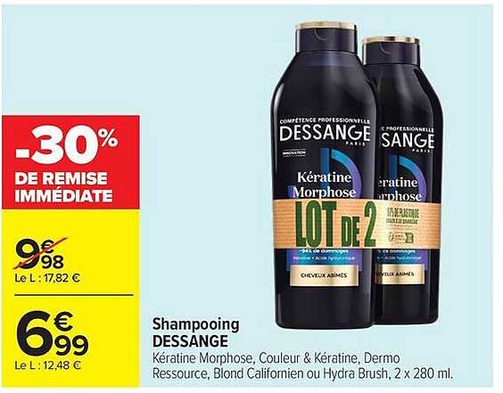 Shampooing DESSANGE Kératine Morphose, Couleur & Kératine, Dermo Ressource, Blond Californien ou Hydra Brush, 2 x 280 ml