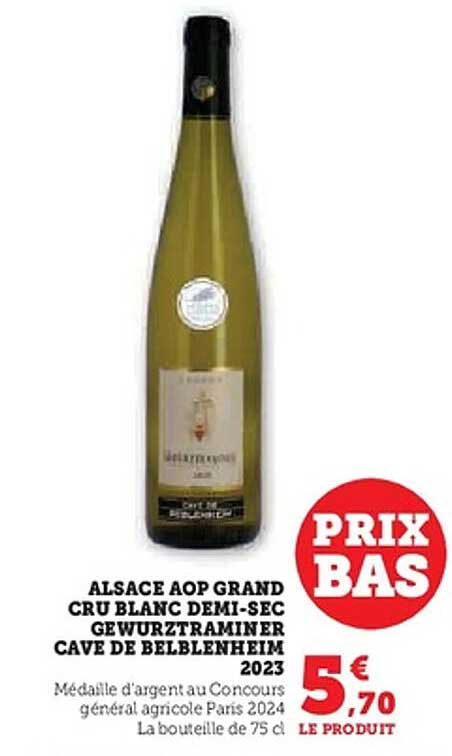 ALSACE AOP GRAND CRU BLANC DEMI-SEC GEWURZTRAMINER CAVE DE BELBLAUHEIM 2023