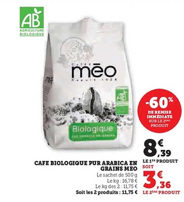 CAFÉ BIOLOGIQUE PUR ARABICA EN GRAINS MÉO