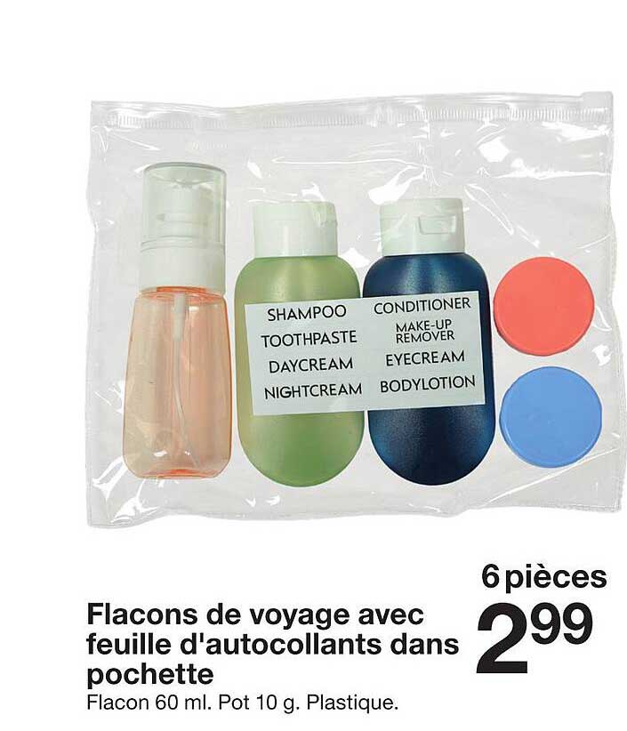 Flacons de voyage avec feuille d'autocollants dans pochette