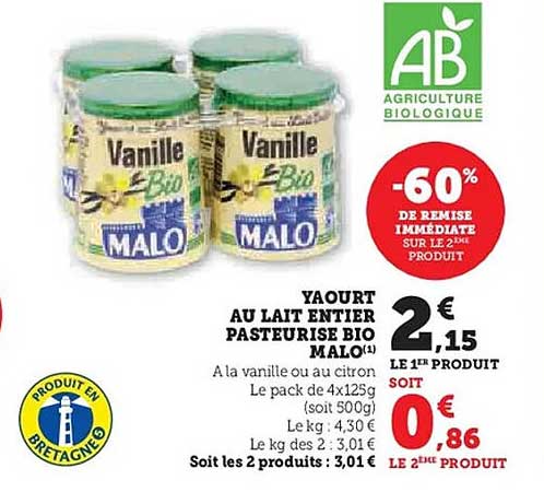 Yaourt au lait entier pasteurisé bio Malo