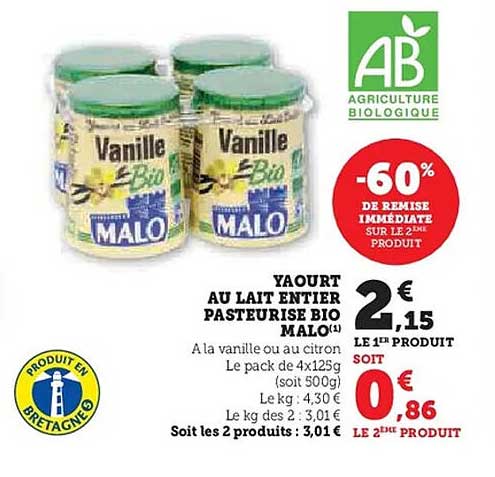 Yaourt au lait entier pasteurisé bio Malo