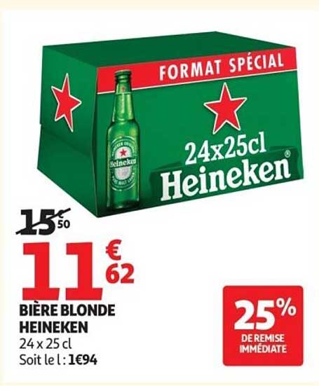 BIÈRE BLONDE HEINEKEN 24 x 25 cl Soit le l : 1€94